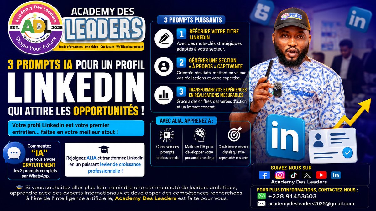 AcademyDesLeade's tweet photo. 🚀 3 prompts IA peuvent transformer votre profil LinkedIn en aimant à opportunités. Optimisez votre titre, votre section "À propos" et vos expériences. 💬 Commentez "IA" pour recevoir les 3 prompts complets ! #LinkedIn #IA #ChatGPT #PersonalBranding @TossahAO @Gaat_1901 https://t.co/wX0b8jPAMH