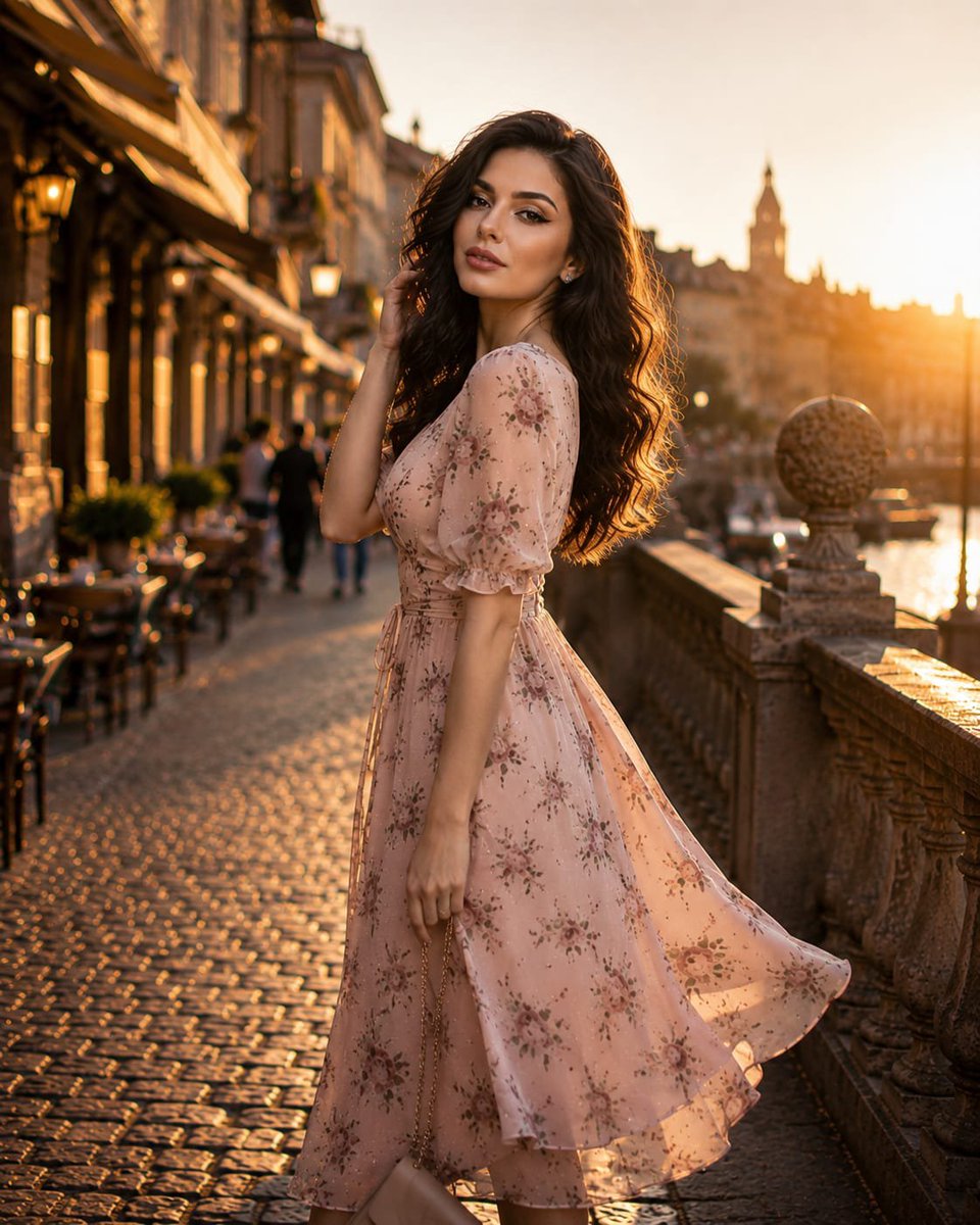 AI 生图提示词:Ultra-photorealistic cinematic fashion portrait of a young woman in a flowing bl