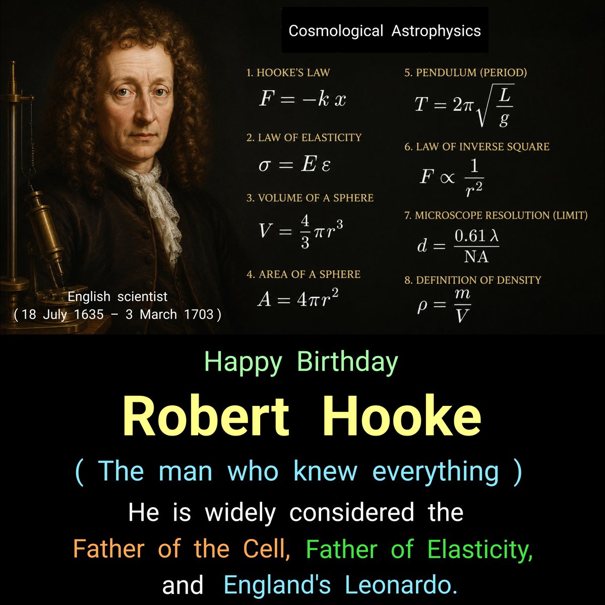 CosmoAstrophy's tweet photo. It's July 18. Let me introduce you to a #Renaissance Man (a jack of all trades, and a master of many), who is less well known than many of his contemporaries, despite his tremendous accomplishments, because of his attributable to a feud with #IsaacNewton.

Happy birthday #Hooke https://t.co/3zW6FzbFqk