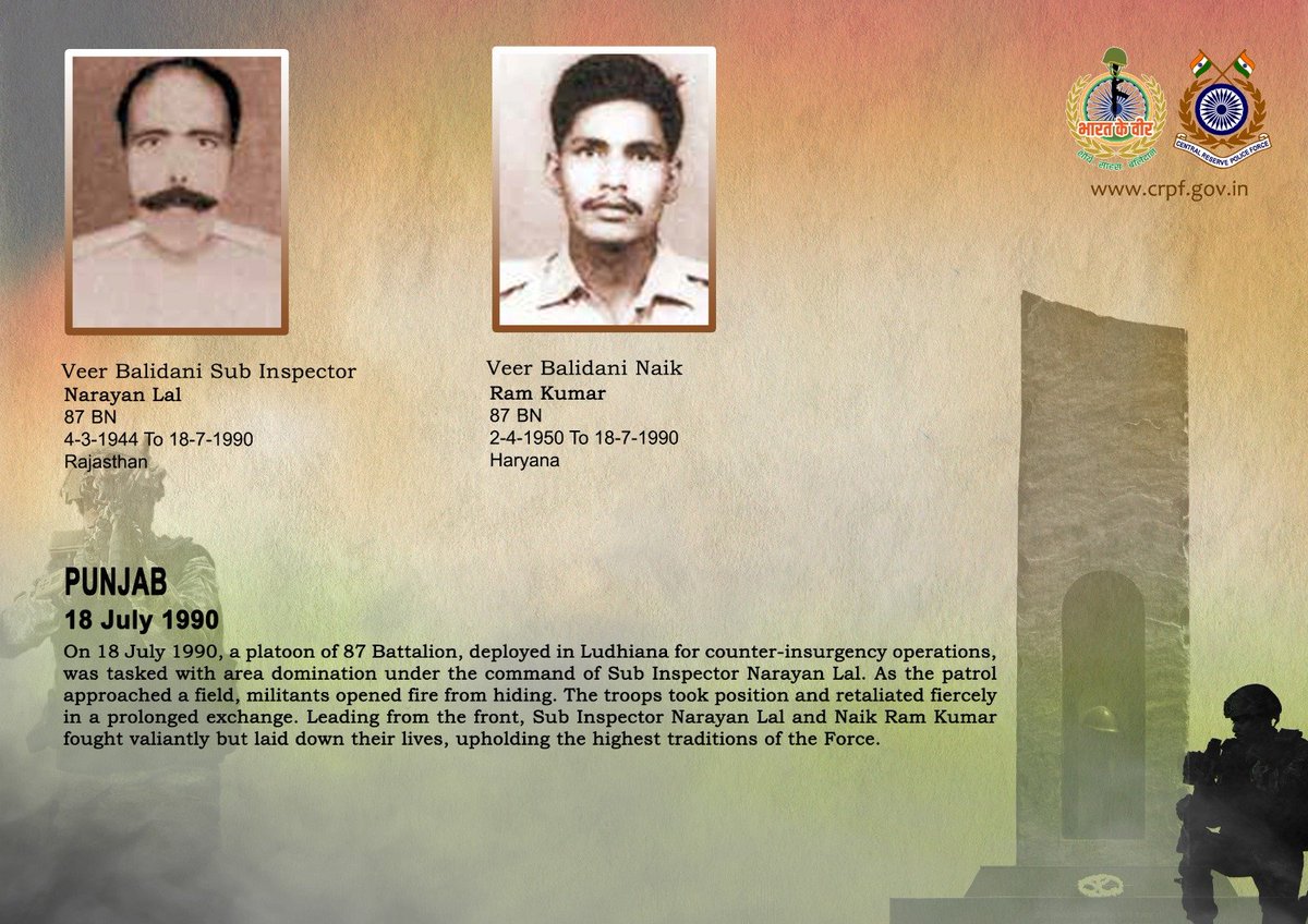 crpfindia's tweet photo. DG and all Ranks of #CRPF pay solemn tribute to SI/GD Narayan Lal and Nk/GD Ram Kumar of 87 Bn, who made the supreme sacrifice while bravely combating terrorists during an area domination patrol in Punjab on 18 July 1990. #CRPF salutes the bravehearts and pledges never to let their sacrifice go in vain.

#LestWeForget
🇮🇳 #Bharat_Ke_Veer 🇮🇳