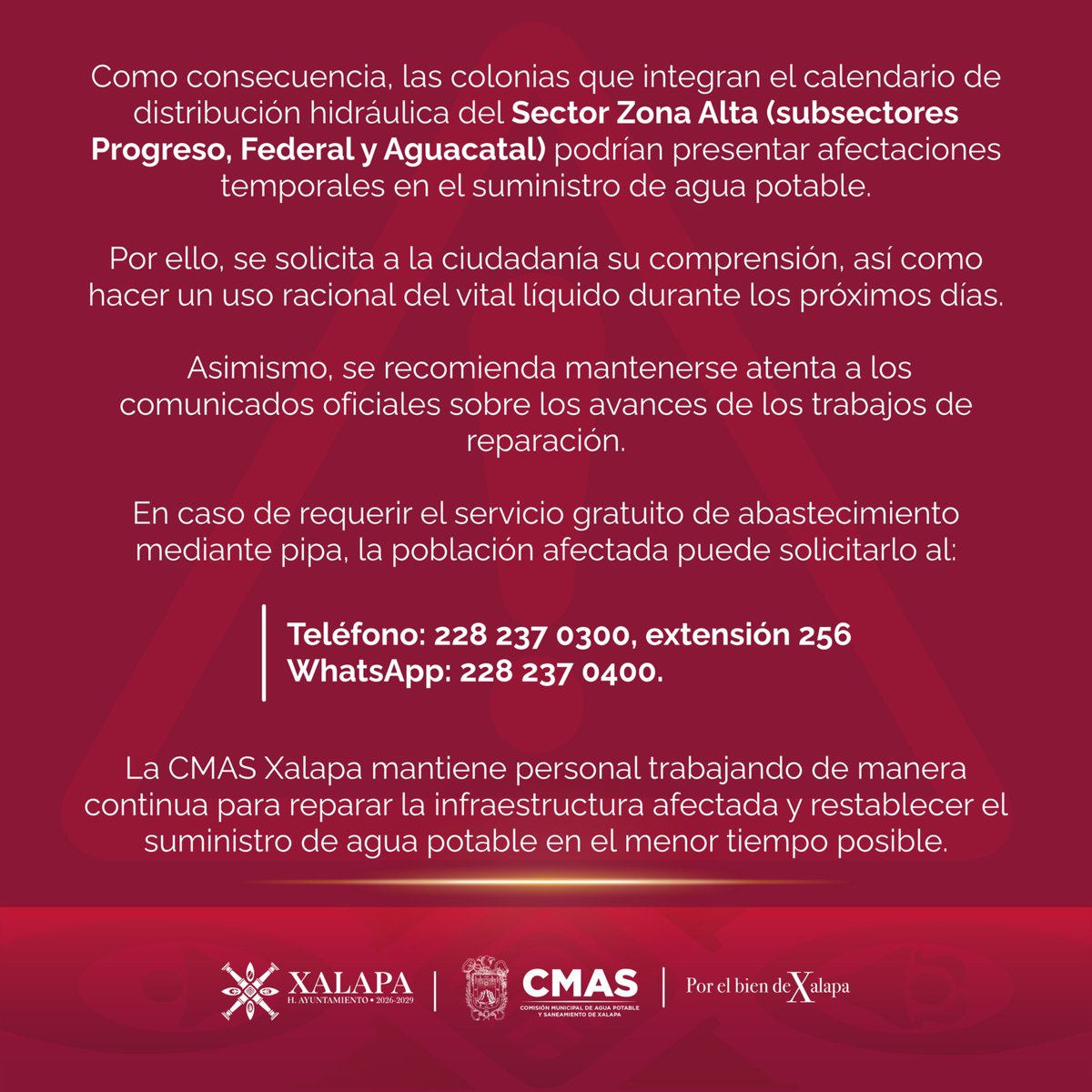 CMAS_Xalapa's tweet photo. ⚠️ Aviso importante

Derivado de un deslizamiento de tierra que afectó una de las líneas de conducción que abastecen a la ciudad, podrían presentarse afectaciones temporales en el suministro de agua en algunos sectores. https://t.co/3K47BVT7mV