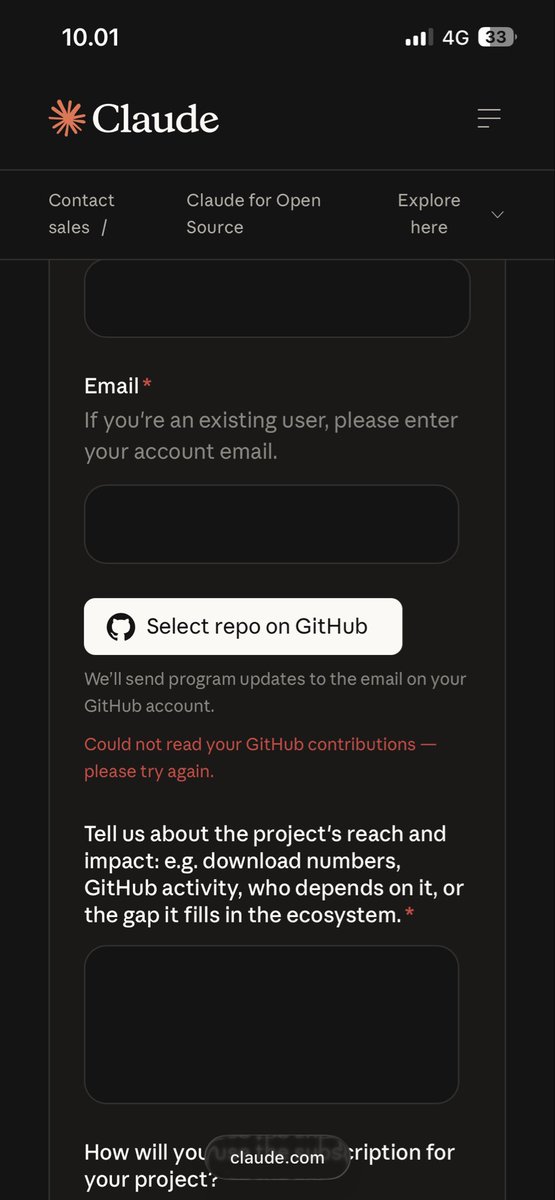 adryan_ev's tweet photo. @claudeai @ClaudeDevs your Claude for OSS submission form is broken, please check, Thank you https://t.co/peq8YUQLz7