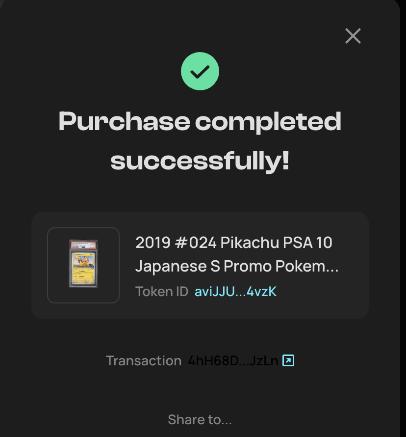 RelicMarkets's tweet photo. Relic just acquired a new card

2019 Pikachu #024 PSA 10, Japanese S Promo

purchase done, custody verified. 

acquired through @Collector_Crypt this time. as always we want every proof onchain: our fees really do get redirected into grabbing slabs, and right now usdc on solana is the cleanest way to settle. we're working on more native routes through our own network, and maybe direct acquisition from ebay or other non-crypto sites down the line

https://t.co/jQ4jGHKHym