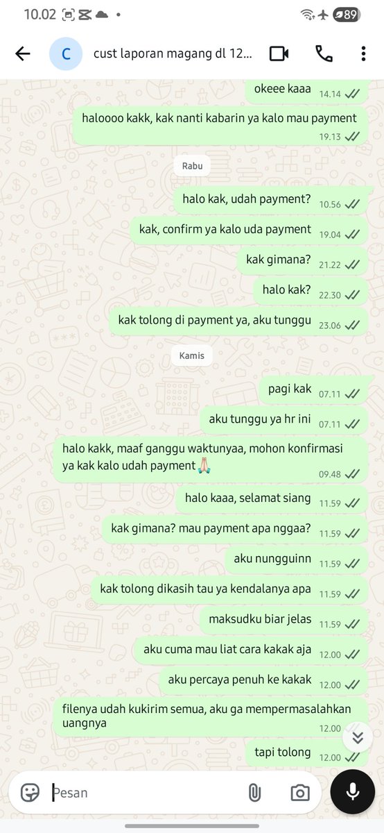 minjksullz's tweet photo. dah gw capek ngereachout nya, nih buktinya ya, aku udh kirim word krn dia blg mau tf sore dan aku percaya sm kakaknya krn dr awal asik asik aja, aku tunggu ampe sore blm jg dan mikirnya dia lg sibuk, tp ampe detik ini belom dibayar jokian laporan magangnya, bantu rt pls
#zonauang https://t.co/HxFIBHauXa