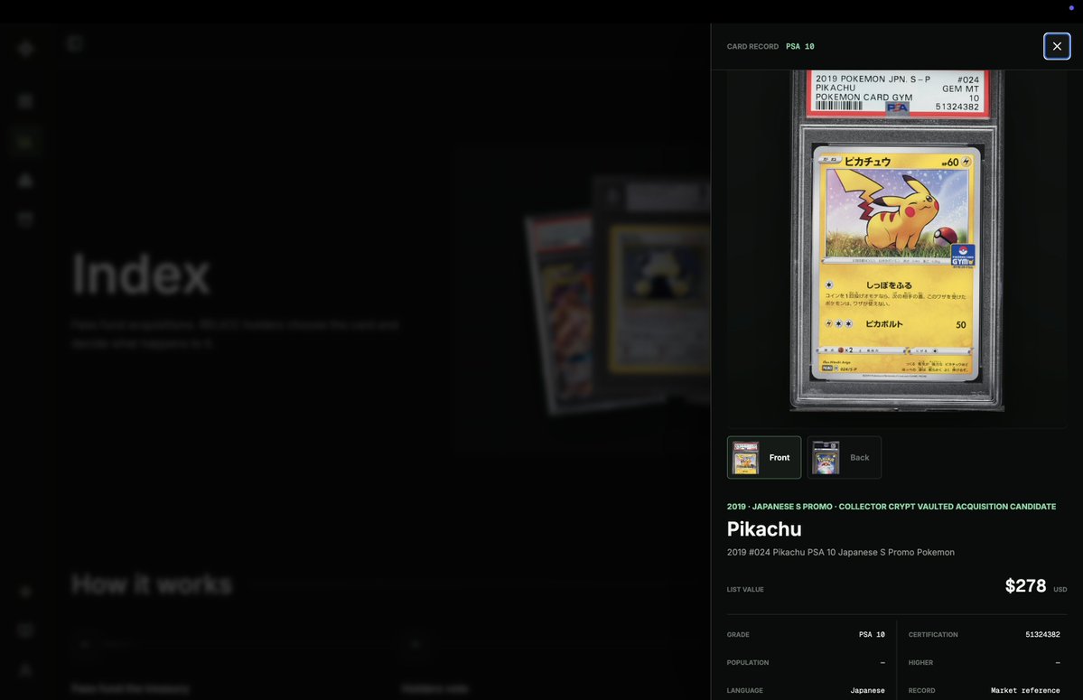 RelicMarkets's tweet photo. Relic just acquired a new card

2019 Pikachu #024 PSA 10, Japanese S Promo

purchase done, custody verified. 

acquired through @Collector_Crypt this time. as always we want every proof onchain: our fees really do get redirected into grabbing slabs, and right now usdc on solana is the cleanest way to settle. we're working on more native routes through our own network, and maybe direct acquisition from ebay or other non-crypto sites down the line

https://t.co/jQ4jGHKHym