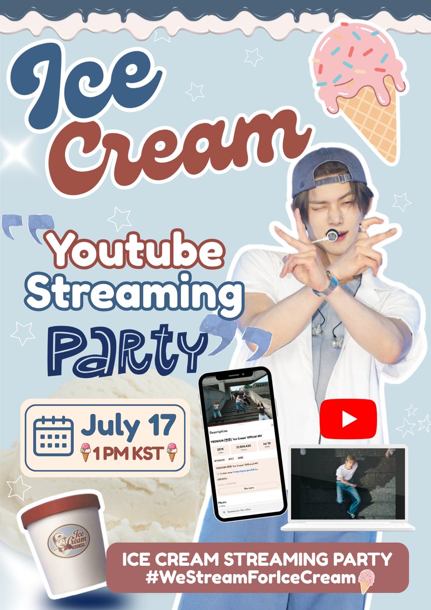 Yawnzonechive's tweet photo. 🍦 The ICE CREAM YouTube Streaming Party starts in less than an hour!
Join us at 1 PM KST (or anytime after) as we stream Yeonjun's ICE CREAM MV together to help increase its views and support music show scores.
Here's how to join:
🍨 Post your streaming screenshot.
🍨 Include the ICE CREAM MV YouTube link.
🍨 Tag 3 moots to keep the streaming chain going.
🍨 Use the hashtags below.
ICE CREAM STREAMING PARTY
#WeStreamForIceCream