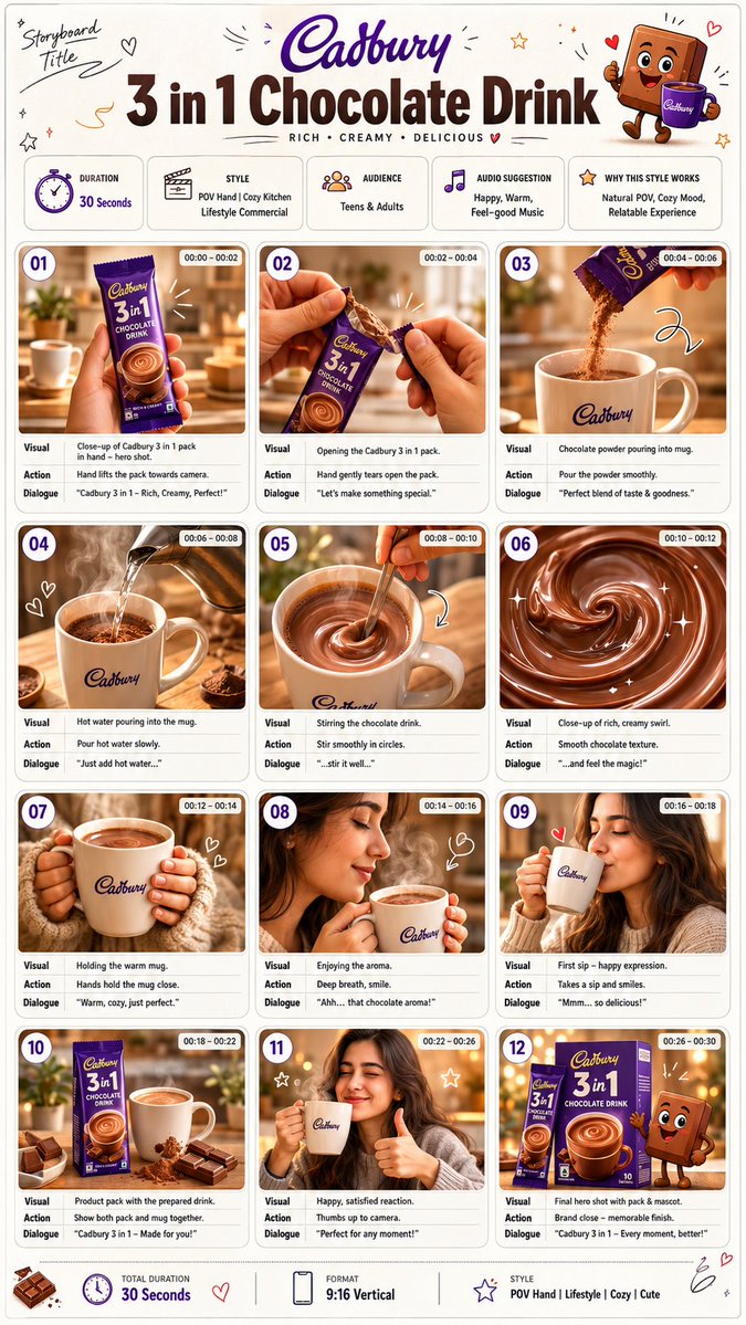 Strength04_X's tweet photo. GPT image 2 × Gemini Omni flash 

Prompt : TITLE:
Cadbury 3 in 1 Chocolate Drink

FORMAT:
• Premium commercial storyboard sheet
• Single-page portrait layout
• Professional Swiss editorial grid
• 3 × 4 storyboard layout (12 scenes)
• Clean white premium paper background
• Perfect spacing and symmetrical alignment
• High-end advertising agency presentation
• Client pitch deck quality
• Luxury editorial composition

HEADER:
• Large bold centered product title
• Small handwritten "Storyboard Title" note in top-left
• Cute chocolate mascot illustration in top-right
• Five premium information cards:
  - Duration: 30 Seconds
  - Style: POV Hand | Cozy Kitchen | Lifestyle Commercial
  - Audience: Teens & Adults
  - Audio Suggestion: Happy, Warm, Feel-good Music
  - Why This Style Works: Natural POV, Cozy Mood, Relatable Experience

GRID STRUCTURE:
• 12 premium storyboard cards
• Equal card size
• Perfect 3 columns × 4 rows
• Rounded corners (18px)
• Thin light-grey borders
• Soft ambient shadows
• Equal gutter spacing
• Editorial magazine layout

EACH STORYBOARD CARD:
• Scene number inside white circular badge
• Timestamp in top-right
• Large cinematic image occupying 70% of card
• Thin divider below image
• Three information blocks:
  - Visual
  - Action
  - Dialogue
• Bold labels with smaller supporting text
• Clean typography hierarchy
• Comfortable padding
• Consistent spacing

SCENE FLOW:
1. Product hero shot in hand
2. Opening the chocolate packet
3. Pouring chocolate powder into mug
4. Pouring hot water
5. Stirring smoothly
6. Rich creamy swirl close-up
7. Holding warm mug
8. Aroma beauty shot
9. First sip moment
10. Product beside prepared drink
11. Thumbs-up reaction
12. Final hero packshot with mascot

VISUAL STYLE:
• Cozy kitchen environment
• Warm golden morning sunlight
• Soft natural shadows
• Creamy neutral color palette
• Realistic product photography
• Cinematic composition
• Shallow depth of field
• Premium commercial lighting
• Lifestyle advertising aesthetic

GRAPHIC ELEMENTS:
• Tiny hand-drawn hearts
• Sparkles
• Stars
• Cute doodles
• Minimal arrows
• Handwritten notes
• Small chocolate mascot appearing naturally throughout
• Decorative elements only around edges
• Never cluttered

TYPOGRAPHY:
• Modern geometric sans-serif
• Bold premium title
• Editorial hierarchy
• Elegant section labels
• Highly readable body text
• Consistent font sizes
• Magazine-quality layout

COLOR PALETTE:
• Warm white
• Soft cream
• Light beige
• Chocolate brown
• Cadbury purple accents
• Neutral grey typography
• Warm golden highlights

FOOTER:
• Left: Total Duration – 30 Seconds
• Center: 9:16 Vertical
• Right: Style – POV Hand | Lifestyle | Cozy | Cute
• Thin divider line above footer
• Minimal premium information layout

OVERALL AESTHETIC:
Apple Keynote presentation, Pentagram design system, Behance featured project, Dribbble showcase quality, luxury editorial document, premium commercial storyboard, cinematic production board, advertising agency presentation, ultra clean, minimal, elegant, highly organized, print-ready, 8K, ultra detailed.