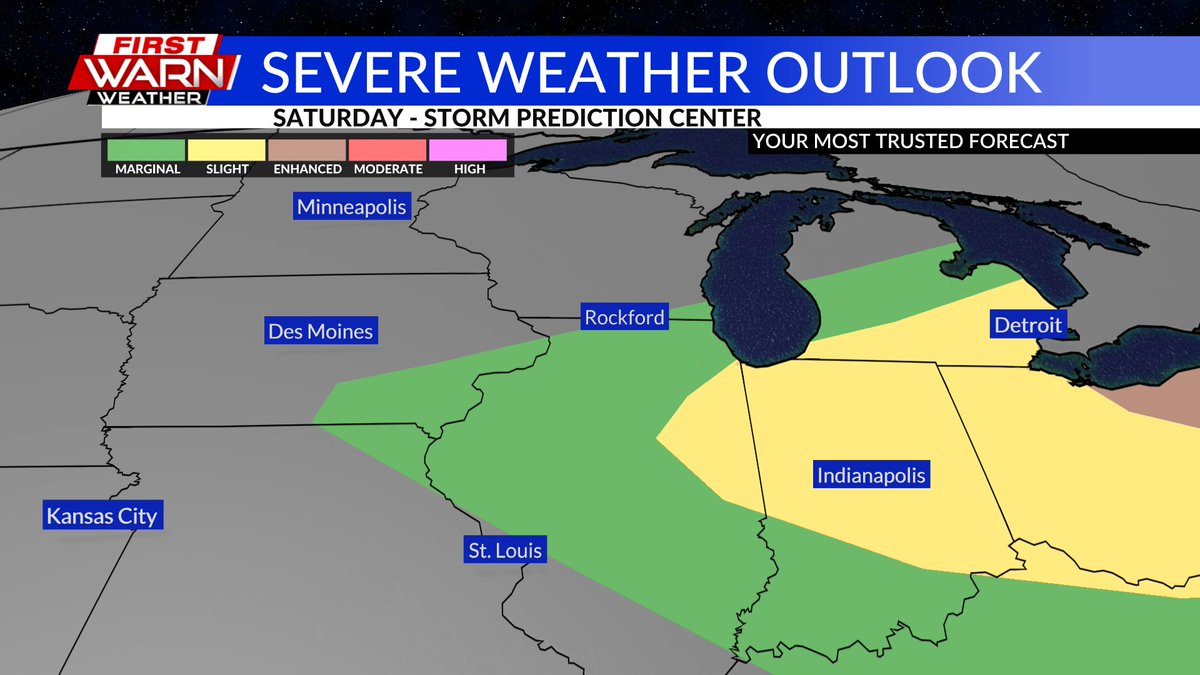 FirstWarnWX's tweet photo. Isolated to scattered storms will develop along a passing cold front Saturday. Primary timing for the Stateline is around 11AM-4PM. Strongest storms may pose a risk for damaging wind and heavy rainfall. Once the front clears to the South by 5PM, severe threat will wind down. https://t.co/nbwqUkhnHQ