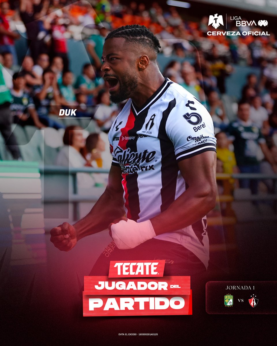 LigaBBVAMX's tweet photo. ¡Directo desde Cabo Verde a #LaLigaDeLaAfición! 🇨🇻

Primer partido oficial con @AtlasFC, primer GOL y primer #TecateJugadorDelPartido para Duk. 🎖️

¡Bien ahí, Rojinegros! ❤️🖤

#J1 | #LEOATS | #AP26 | #TecatePorTi | @CervezaTecate https://t.co/Y3sOg5tr3Q