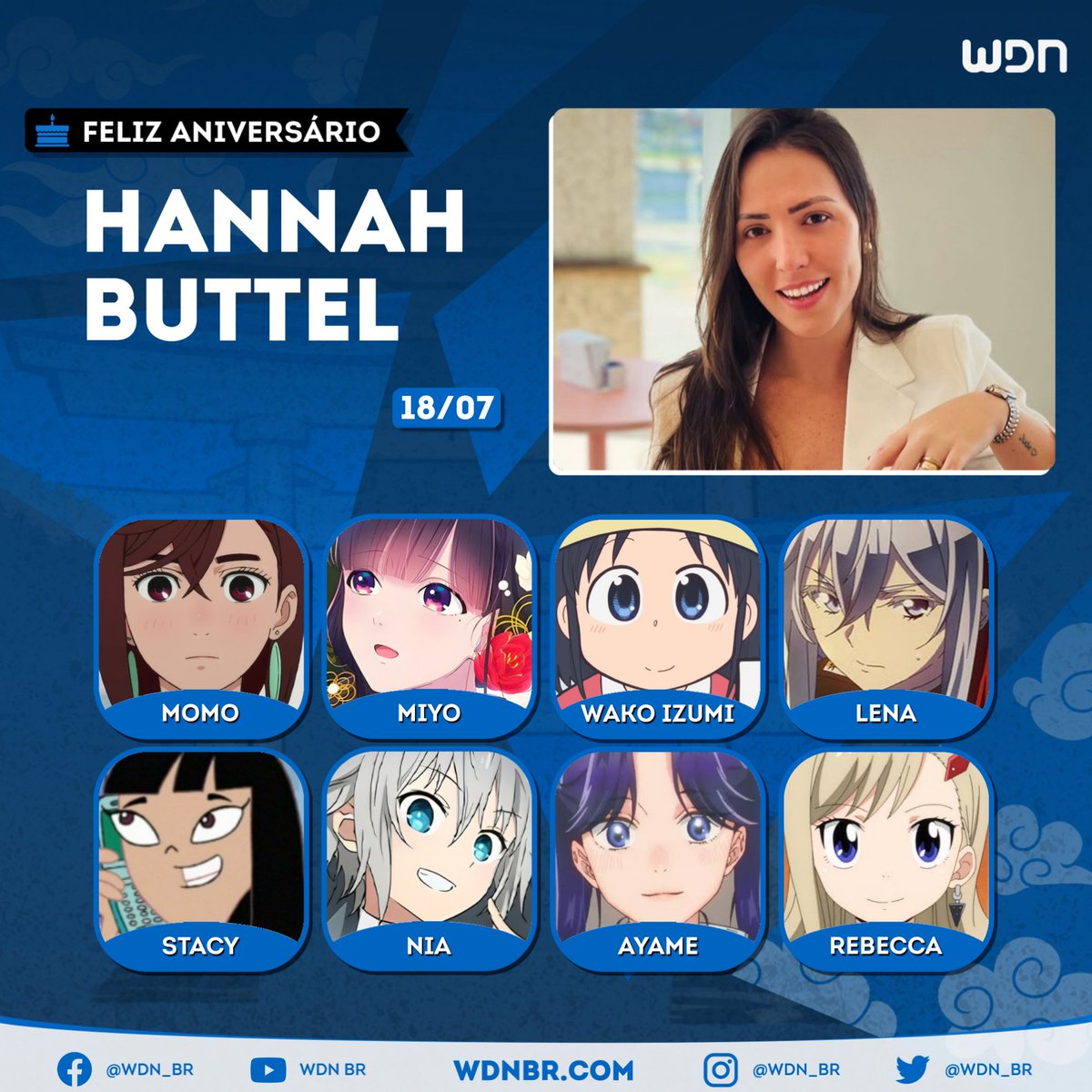 wdn_br's tweet photo. Voz da Momo em DAN DA DAN e da Stacy em Phineas e Ferb, hoje é aniversário da maravilhosa dubladora Hannah Buttel! Desejamos um dia inundado de comemorações e muito sucesso para essa ilustre voz brasileira! 🎂🎊🎁🥳 https://t.co/2Wzphtd0zg