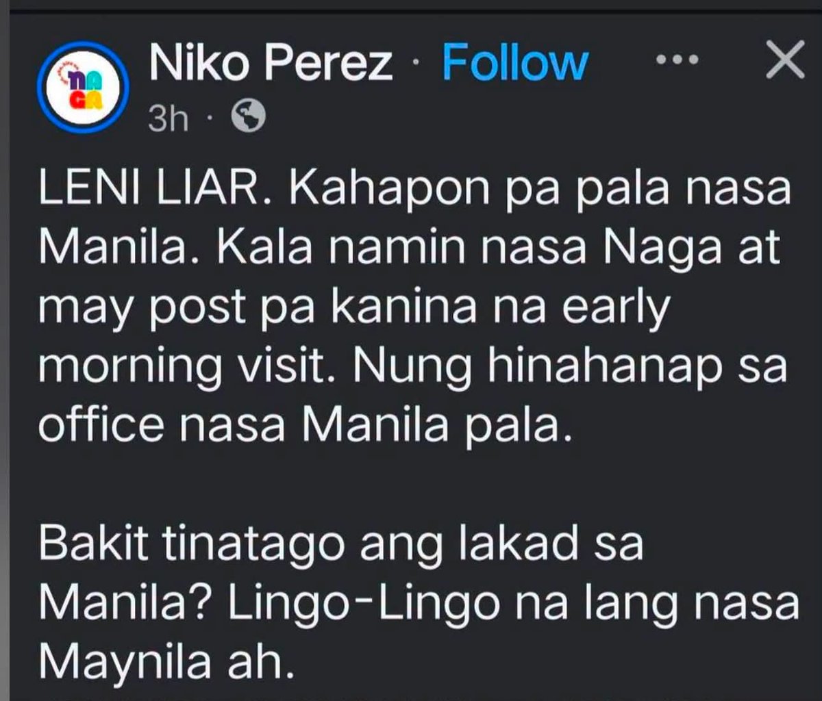 newswatchplusph's tweet photo. ROBREDO REFUTES ALLEGATIONS OF CONCEALING MANILA TRIPS

READ: Naga City Mayor Leni Robredo has dismissed what she called as fake news a social media post claiming she frequently travels to Manila while concealing her whereabouts.

Robredo said her Manila trips are typically limited to once a month to meet with national government agencies and private partners to secure assistance for Naga City. 

She added that her travel schedules are publicly disclosed, an acting mayor is designated whenever she is away, and she does not charge her travel or transportation expenses to the city government.