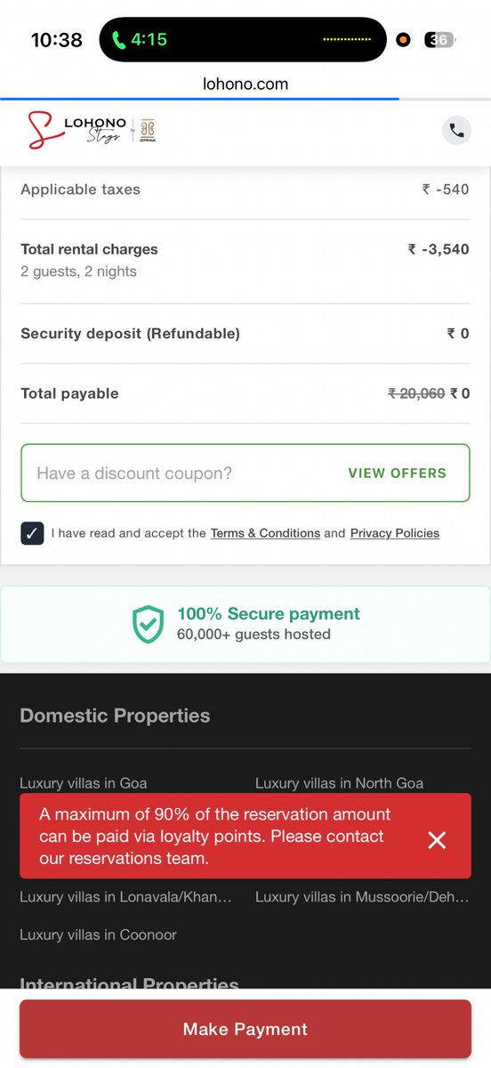 hjain288's tweet photo. @TimesBlackCard  I contacted Lohono Stays, and they asked me to book through the Times Black app. However, the app redirects me to the Lohono website, where my ₹20,000 Lohono Stays voucher shows the error: “A maximum of 90% of the reservation amount can be paid via loyalty points. Please contact our reservations team.” My trip is today. Please resolve this ASAP.