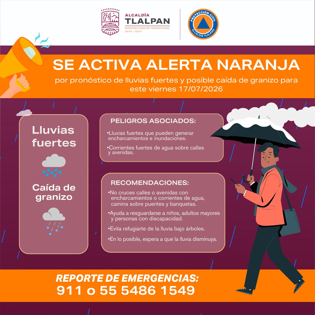 TlalpanAl's tweet photo. 🟠 Nos encontramos en Alerta Naranja por lluvias fuertes en diversas zonas de la Alcaldía. El Operativo Chubascos 24/7 y nuestros equipos ya se encuentran en territorio, listos para atender cualquier emergencia.

Te pedimos extremar precauciones y reportar cualquier incidente al 911 o 5554861549. 

#Lluvias #Tlalpan #NuestraCasaSeTransforma