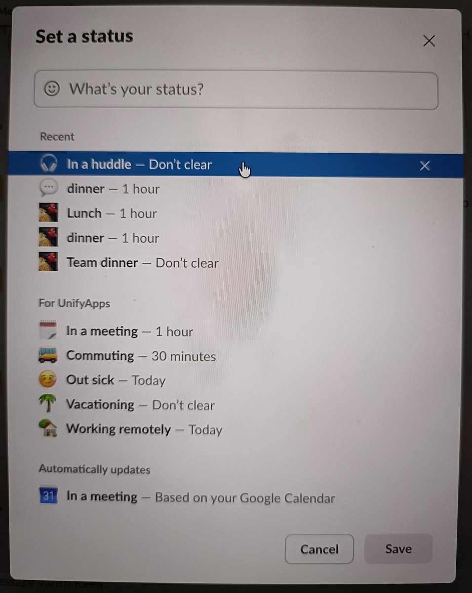 Dia_Jainn's tweet photo. Hey @SlackHQ don't ya think this can potentially be a lil misleading so u should have a differentiating factor to determine when a person is actually in a huddle (say same text with unique bg color since we don't get to set bg colors) https://t.co/lhLgfISv3l