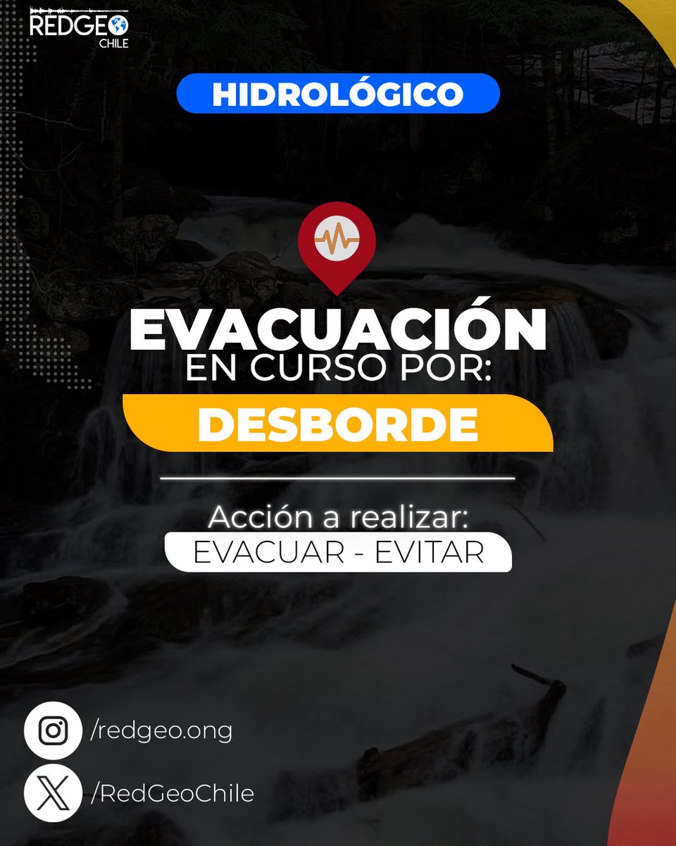 RedGeoChile's tweet photo. AHORA ⚠️ | Por desborde del estero El Cobre 🌊, se solicita evacuar el sector El Cobre, en la comuna de San Esteban, Región de Valparaíso.

📨 #SENAPRED activó mensajería SAE.

🐾 Recuerda evacuar con calma y siempre acompañado(a) de tus mascotas. Si tienes la posibilidad, ayuda también a evacuar a menores de edad, adultos mayores y personas con movilidad reducida. Sigue en todo momento las instrucciones de las autoridades y de los equipos de emergencia.