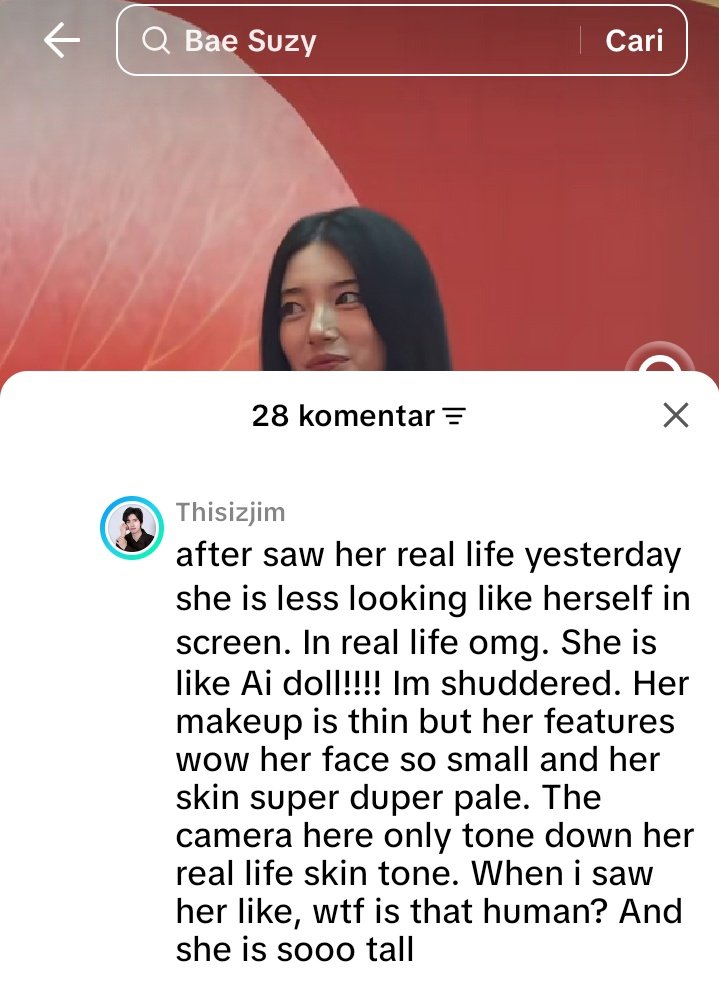HyemySuz's tweet photo. "After saw her IRL yesterday she is less looking like herself in screen. IRL omg. She is like Ai doll!!! Im shuddered. Her features wow and her skin super duper pale. The camera tone down her real life skin tone. When i saw her like, wtf is that human?"
-someone who met Suzy- https://t.co/buUA626NQG