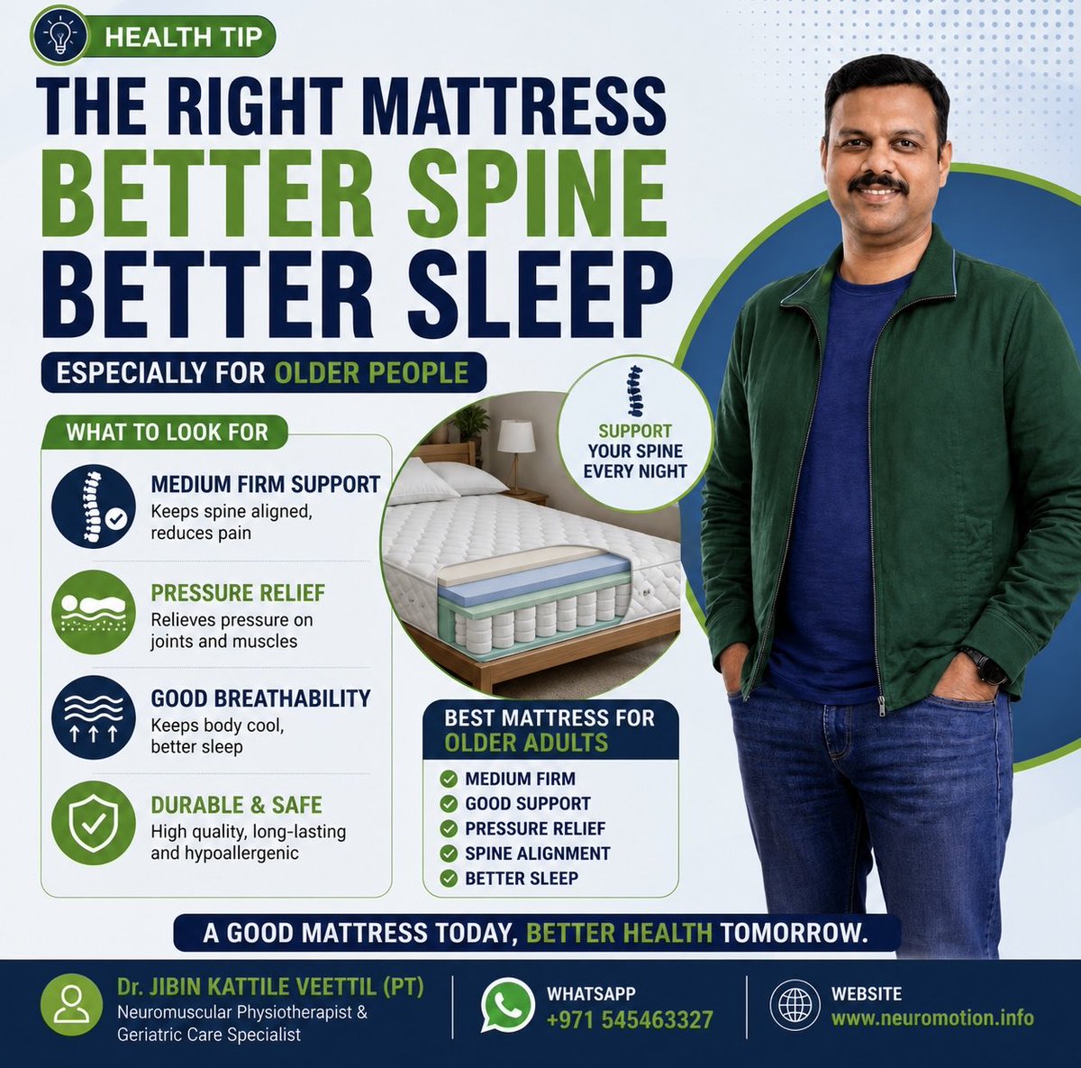 jibuphysio's tweet photo. 🛏️ The Right Mattress. Better Spine. Better Sleep.

Choose a mattress that supports your spine, relieves pressure points, and keeps your neck and back in a neutral position. A medium-firm mattress suits many adults and may help reduce back pain and improve sleep quality. https://t.co/51aNazuLYT