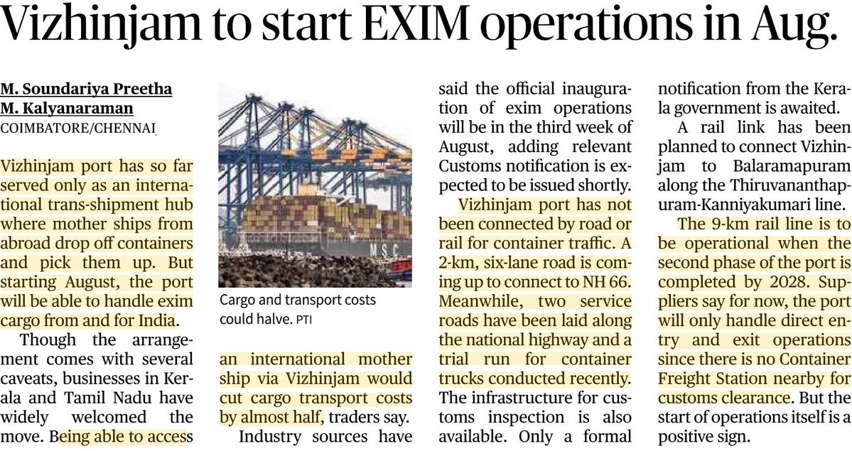 UPSC_Solulu's tweet photo. โ๏ธ๐ฟ๐ข Vizhinjam to start EXIM operations in Aug.
SOURCE-TH
#UPSC #BPSC #UPPCS #UPSCPrelims #UPSCMAINS #upscguide #upscaspirants #upsc_mains #Editorials #Infra #Vizhinjam https://t.co/5UB02hNSAg