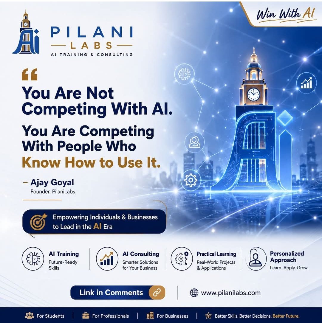 PilaniLabs's tweet photo. "You aren't competing with AI; you're competing with the people who know how to use it." Empower yourself and your business to lead in the AI era with our future-ready training and practical consulting solutions.
🌐 Explore our programs: https://t.co/wFfUdymTdE
#AITraining https://t.co/wOPuHrAehK