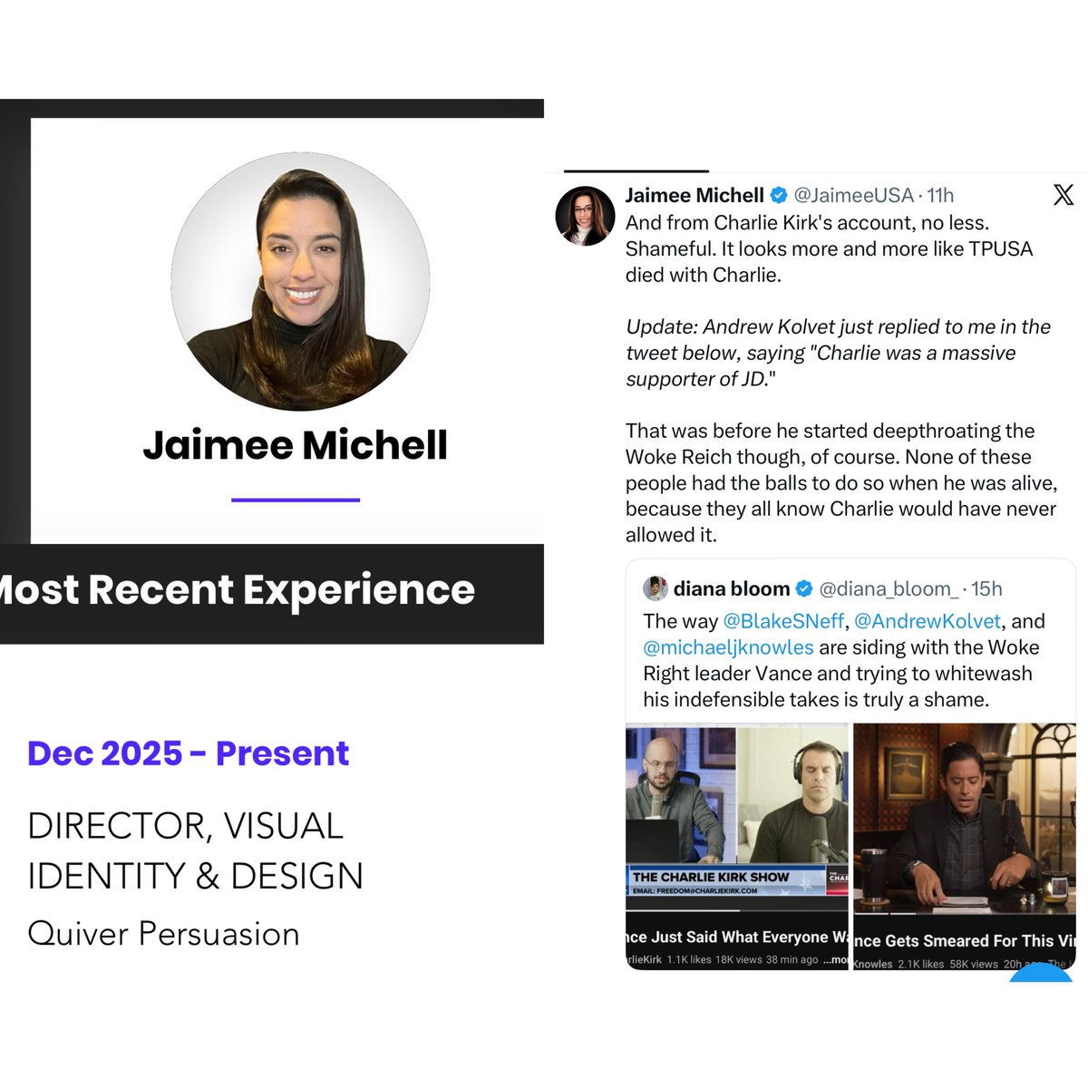 alexbruesewitz's tweet photo. Hi @jaywilliams,

One of the directors at your company, Jaimee Michell, spends all day every day attacking Vice President Vance. 

She’s even started going after Turning Point USA now.

Your firm is active in Republican politics so I am wondering if you are aware of her online behavior? Is this part of her job description?