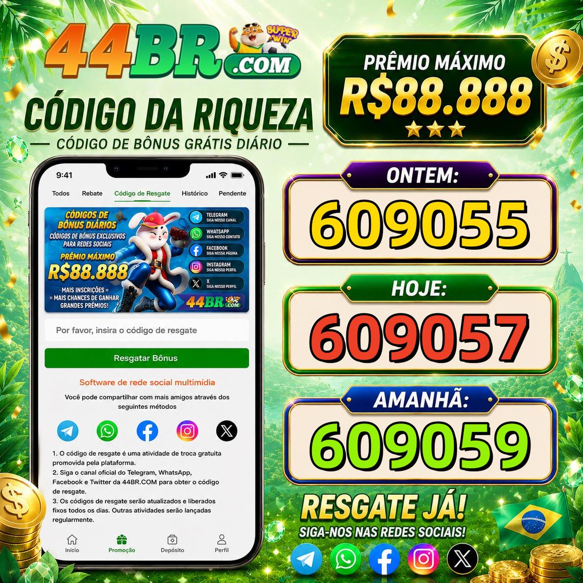 44brcom's tweet photo. 👑 Caros VIPs:
Os códigos de resgate dos últimos três dias já estão disponíveis antecipadamente! 🎉
⭐️ Ontem:     609055
⭐️ Hoje:         609057
⭐️ Amanhã:  609059
🎁 Resgate agora e ganhe até R$ 88.888!
Siga-nos no Telegram: https://t.co/sXvVYU9IcY https://t.co/xa28FXzGsx