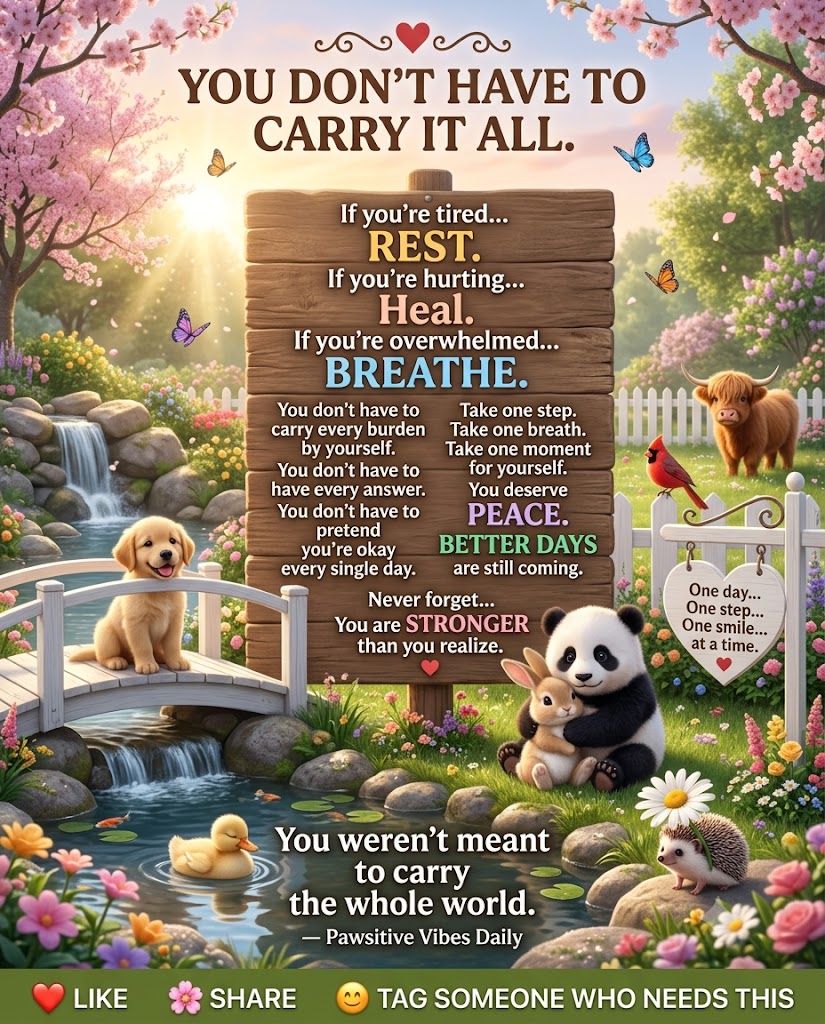 JeremyHill4366's tweet photo. โค๏ธ You don't have to carry everything by yourself. Take a breath. Rest when you need to. Ask for help when you need it. Better days are still ahead. One step at a time. ๐ธ #ChoosePeace #PositiveVibes #PawsitiveVibesDaily #KeepGoing https://t.co/rOMG5jqbCS