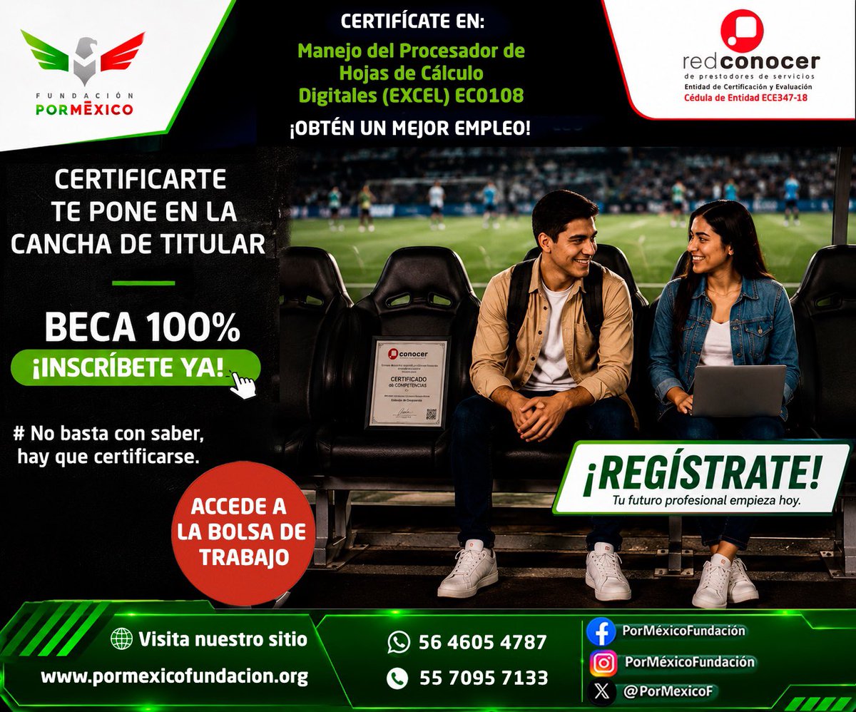 PorMexicoF's tweet photo. ¡Juega en la cancha de los profesionales!

Certifícate en el “Estándar de Competencia EC0108: Manejo del Procesador de Hojas de Cálculo Digitales”, avalada por el @ConocerMx y anota el G⚽️L que te acerque a un mejor empleo. 

¡No te quedes en la banca y regístrate! https://t.co/z7V7w7fTSl