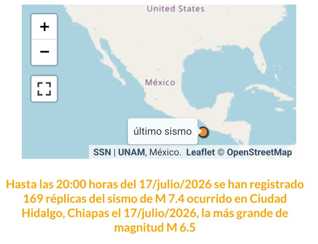 ContraProMx's tweet photo. 🫨😵💫 169 réplicas de #sismo en #Chiapas
😱😱 Hasta las 20:00 horas del 17/julio/2026 se han registrado 169 #replicas del sismo de M 7.4 ocurrido en Ciudad #Hidalgo, #Chiapas el 17/julio/2026, la más intensa de magnitud M 6.5 https://t.co/kELyMPPldI