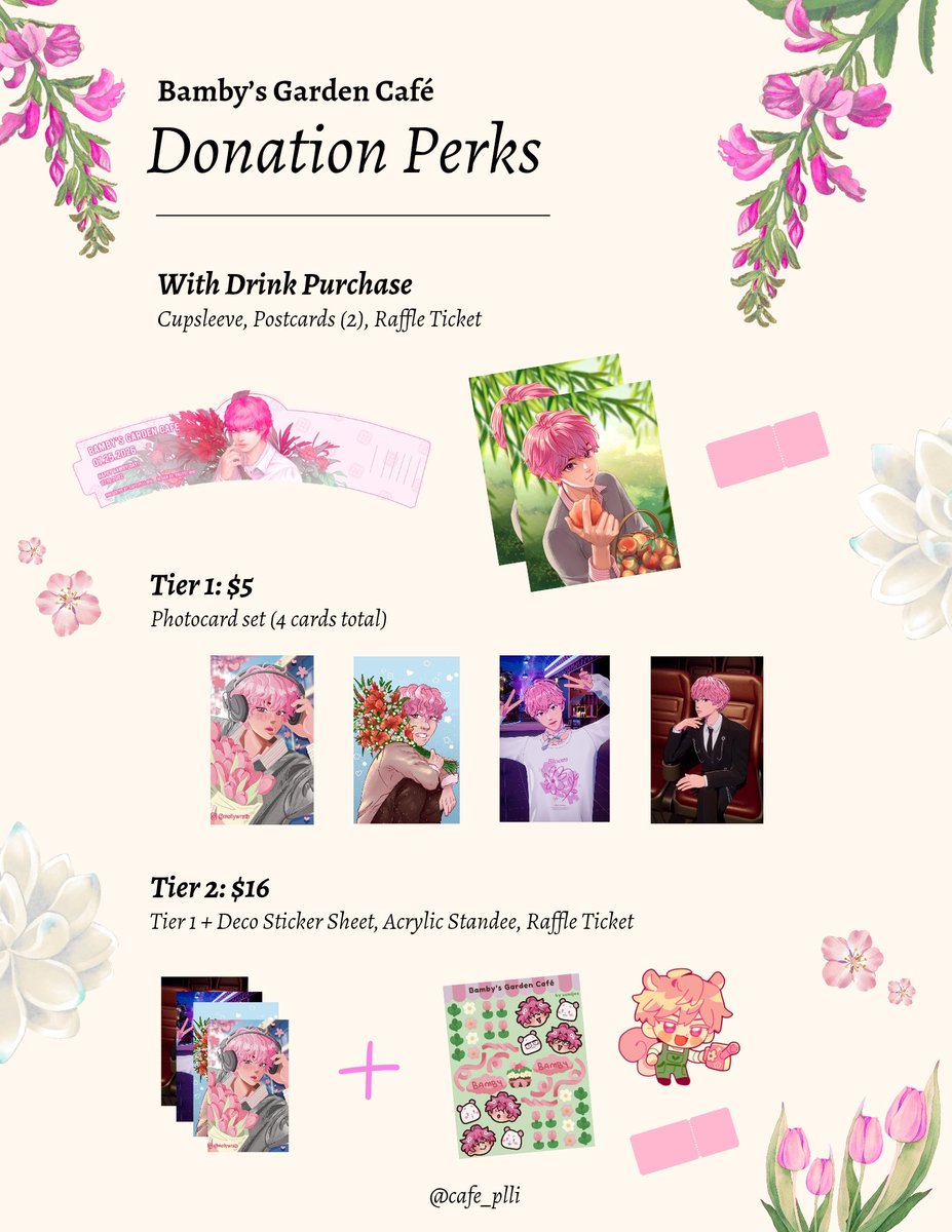 cafe_plli's tweet photo. Revealing the donation perks created by our wonderful artists! 

Link in bio if you are interested in reserving a tier.

First come first serve, limited quantities available.

Feel free to DM if you have any questions 🩷🌸🌷

#plave #plavecse #plavecupsleeve #plavebamby #bamby https://t.co/OxWNqGHAh8