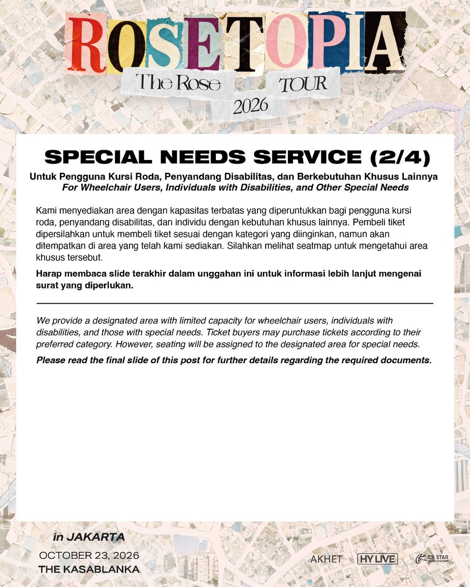 ckstarid's tweet photo. 𝑯𝒆𝒍𝒍𝒐 𝑩𝒍𝒂𝒄𝒌 𝑹𝒐𝒔𝒆~

Here's some important information for our lovely Black Rose who may need extra comfort and care 💗

Please take your time to read all the information carefully so you don’t miss anything important. Your safety and comfort matters to us 🫶

𝗚𝗲𝗻𝗲𝗿𝗮𝗹 𝗦𝗮𝗹𝗲
22 July 2026 (Wed) at 12:00 PM (12:00 WIB)
Via https://t.co/V7l8ot1F0i

🌹 𝐑𝐎𝐒𝐄𝐓𝐎𝐏𝐈𝐀 𝐀𝐒𝐈𝐀 𝐓𝐎𝐔𝐑 𝟐𝟎𝟐𝟔 𝐈𝐍 𝐉𝐀𝐊𝐀𝐑𝐓𝐀
📅 23 October 2026
⏰ 8:00 PM (20:00 WIB)
📍 The Kasablanka
🎫 Via https://t.co/V7l8ot1F0i

#TheRose #더로즈 #ROSETOPIA
#ROSETOPIAInJakarta
#CKStarEntertainment #CKStarID