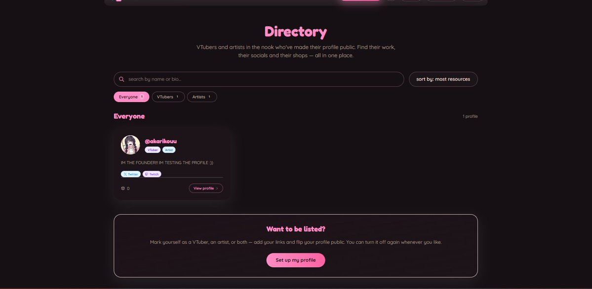 vtubernook's tweet photo. VTUBER NOOK UPDATE!! 

— you can now set up a public profile and appear on our directory! add your bio, socials, and store links for everyone to find 
— vtubers and artists now have their own tags on their profiles 

(1/2) https://t.co/cnat2rVRKr