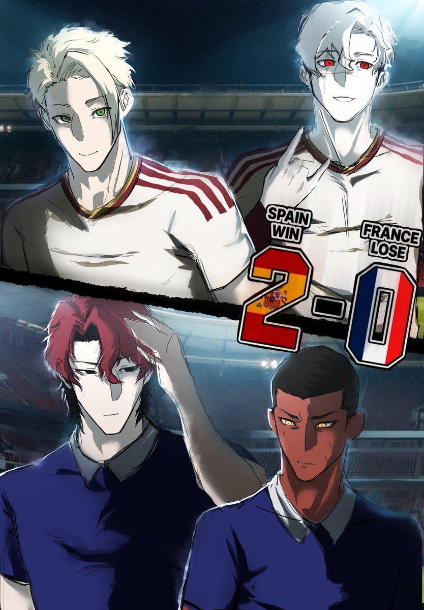 xsaurons's tweet photo. a bit heartbroken from france vs spain 😅😓 #worldcup #francevsspain #bluelock #bunnyiglesias #leonardoluna #vivienhugo #julianloki #bluelockart https://t.co/6dDOXCuW0v