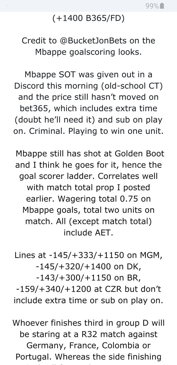 MasterOfBadBeat's tweet photo. #FIFAWorldCup plays:

⚽️ 1.25u - Kylian Mbappe o1.5 SOT (-125 B365)
⚽️ 0.5u - Kylian Mbappe ATGS (-138 B365/-150 FD)
⚽️ 0.15u - Kylian Mbappe 2+ goals (+350 B365/+300 FD)
⚽️ 0.1u - Kylian Mbappe hattrick (+1400 B365/FD)

Credit to @BucketJonBets on Mbappe goalscoring ladder. 🪜 https://t.co/tXF9slh9UY