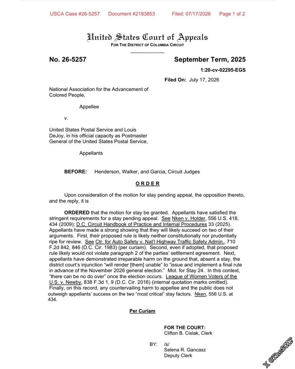 TheSCIF's tweet photo. HUGE election integrity WIN as U.S. Court of Appeals clears the way for the NEW USPS mail rule requiring states to provide an updated voter registration list to the federal government and a special barcode on every mail-in ballot before USPS would even consider delivering mail-in ballots in those states for elections.