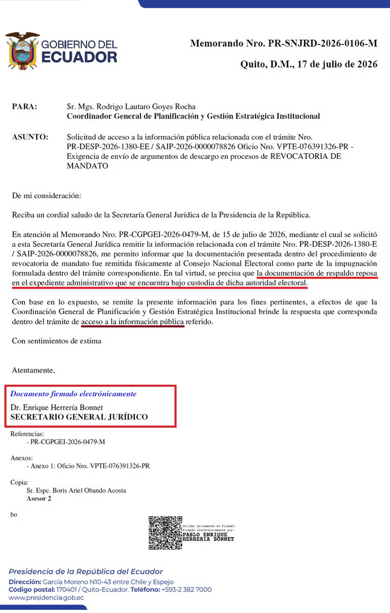 PlataformaVPTE's tweet photo. ATENCIÓN 🔴REVOCATORIA DE MANDATO🔴
El Secretario General Jurídico de @Presidencia_Ec Enrique Herrería nos responde en oficio y literalmente "se hace el loco" para NO dar las pruebas de descargo que #DanielNOboa envió al @cnegobec ‼️
Todo el detalle aquí⤵️
https://t.co/1eFTbXKzOZ https://t.co/Q9z10yA784