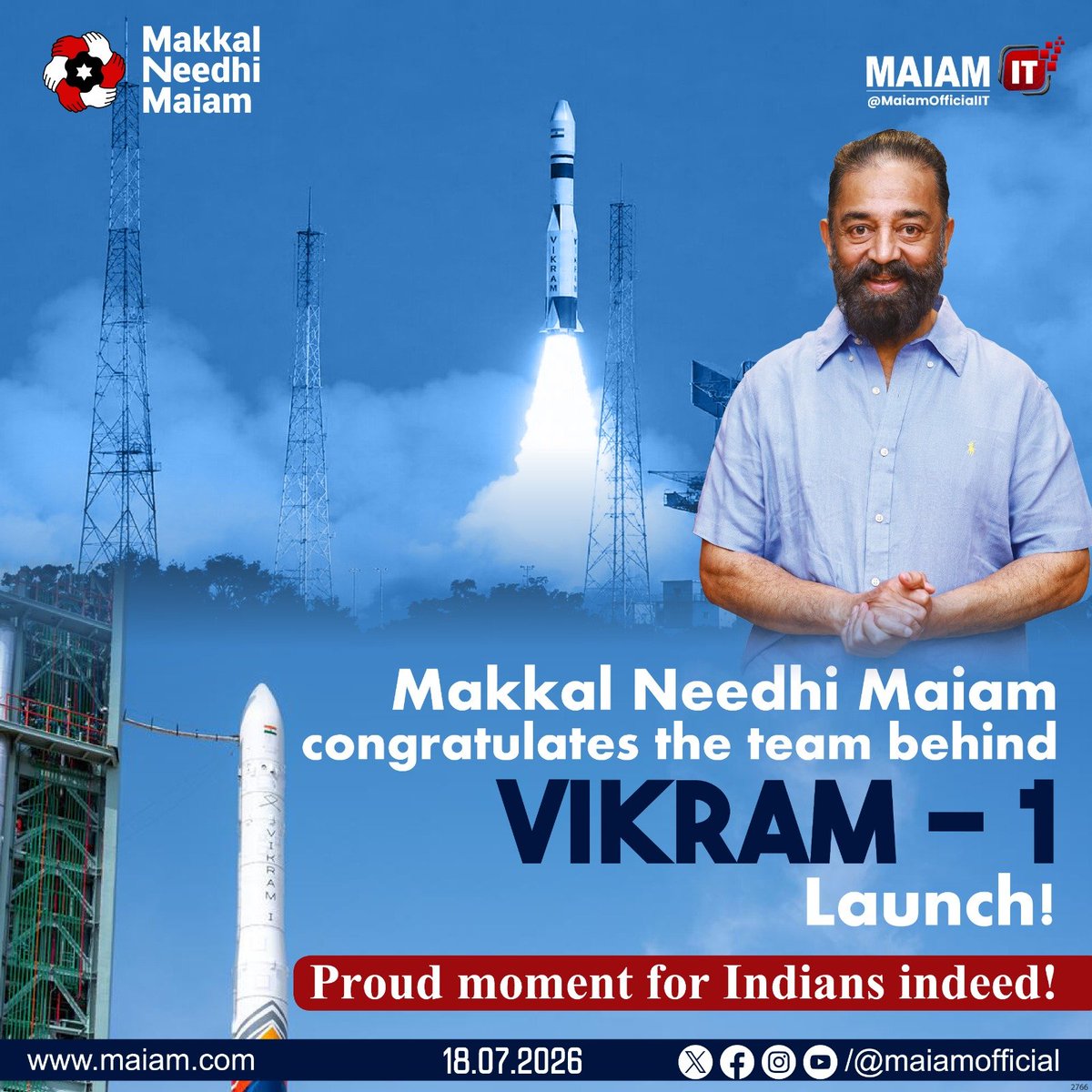 MaiamOfficialIT's tweet photo. விக்ரம்-1 மற்றும் மிஷன் ஆகமன் அணியின் சாதனைக்கு மக்கள் நீதி மய்யம் பாராட்டு! இந்தியாவின் முதல் தனியார் ராக்கெட் வெற்றிகரமாக விண்ணில் பாய்ந்தது. இது நாட்டின் விண்வெளித் துறையை வலுப்படுத்தும், உலக விண்வெளி ஆராய்ச்சியில் இந்தியாவை உயர்வுக்குக் கொண்டு செல்லும். அனைவருக்கும் பெருமைக்குறிய தருணம் இது!

Makkal Needhi Maiam appreciates and congratulates the team behind Vikram-1 and Mission Aagaman for successfully placing India’s first privately developed orbital rocket into ~450 km orbit making India the third country in the world with private orbital launch capability. This historic achievement strengthens India’s commercial space sector and showcases our nation’s growing role in global space exploration. Proud moment for Indians indeed!

#KamalHaasan
#KamalHaasan_MP
#MakkalNeedhiMaiam 
#Vikram1