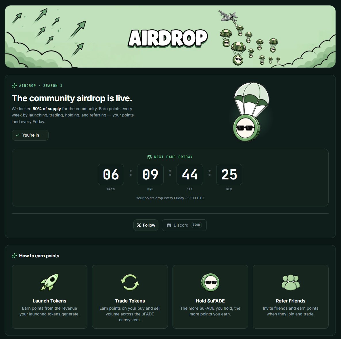 uFadeio's tweet photo. Airdrop Season 1 is live.

Launch tokens, trade tokens, hold $uFade, refer friends.

Claim your airdrop points every fade Friday and climb the leaderboard! https://t.co/L3tivazQir
