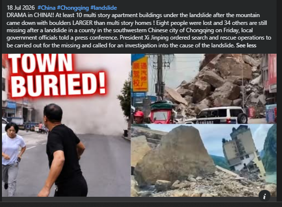YUrbai's tweet photo. DISASTER DECLARED in China after MASSIVE Mountain COLLAPSE on Chongqing !
https://t.co/R2FAxD2eUc
On the Pulse with Silki
18 Jul 2026  #China #Chongqing #landslide https://t.co/nfuKWMBwt6