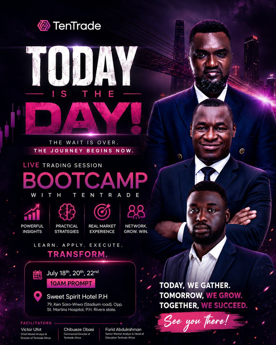 ndubuisibl98723's tweet photo. 🎉 TODAY IS THE DAY! 🎉
Port Harcourt City, the wait is over! The TENTRADE BOOT CAMP is here.
May every lesson become wisdom, every connection become an opportunity, and every effort produce lasting success.
Let the blessings remember me. 🙏✨
#TENTRADE #PortHarcourtCity https://t.co/pZK8zSiwyJ