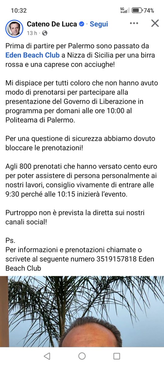 MarcoRagonese's tweet photo. Governo di Liberazione e numero per prenotare un tavolo al Lido del figlio... Politica e caprese con acciughe. Giusto per ricordarci che il familismo non muore mai #sicilia https://t.co/rd31Kua7YD