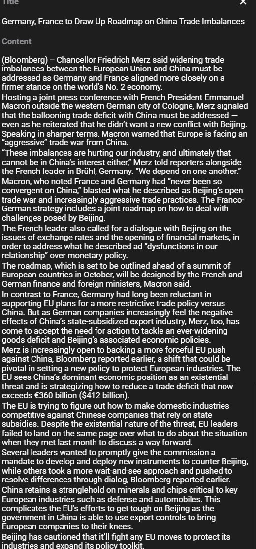 fbermingham's tweet photo. Trade war update: France &amp; Germany to draw up roadmap on China shock before Oct European Council

"Macron, who noted France and Germany had “never been so convergent on China,” blasted what he described as Beijing’s open trade war and increasingly aggressive trade practices." https://t.co/YwstLP6BtL