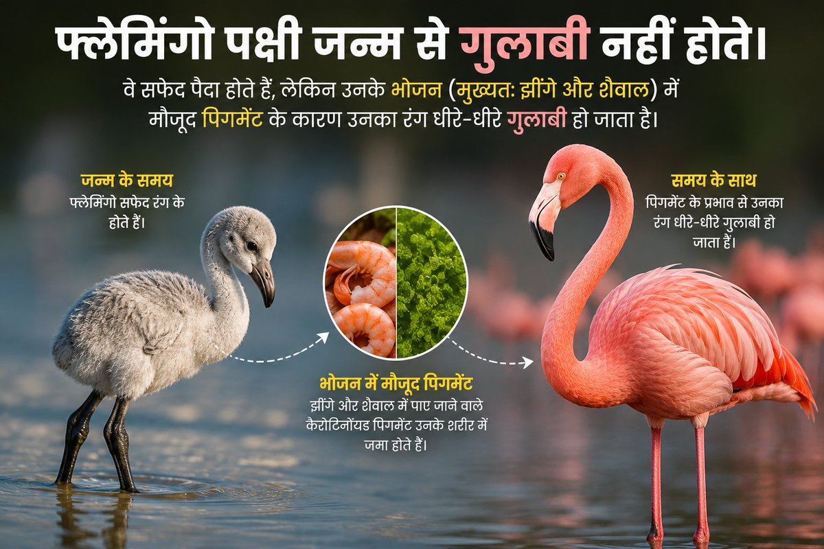 naturewildx's tweet photo. फ्लेमिंगो का रंग: फ्लेमिंगो पक्षी जन्म से गुलाबी नहीं होते। वे सफेद पैदा होते हैं, लेकिन उनके भोजन (मुख्यतः झींगे और शैवाल) में मौजूद पिगमेंट के कारण उनका रंग धीरे-धीरे गुलाबी हो जाता है। https://t.co/jtQ9HWhkGz