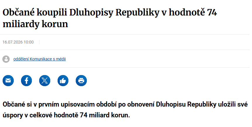 z_nohy's tweet photo. Státní dluhopisy si pořídilo téměř 100 000 jednotlivců, průměrný věk kupujícího byl 57 let a průměrně nakoupili za cca 800 000 Kč. 😯
To tedy znamená, že většina kupujících byli důchodci, kterým nedělalo žádný problém vytáhnout ze svých úspor minimálně půl milionu Kč! 🤑
Tím asi můžeme pohádku o "chudých českých důchodcích" definitivně opustit. 🤗😇
viz https://t.co/sUUn4W7qkI