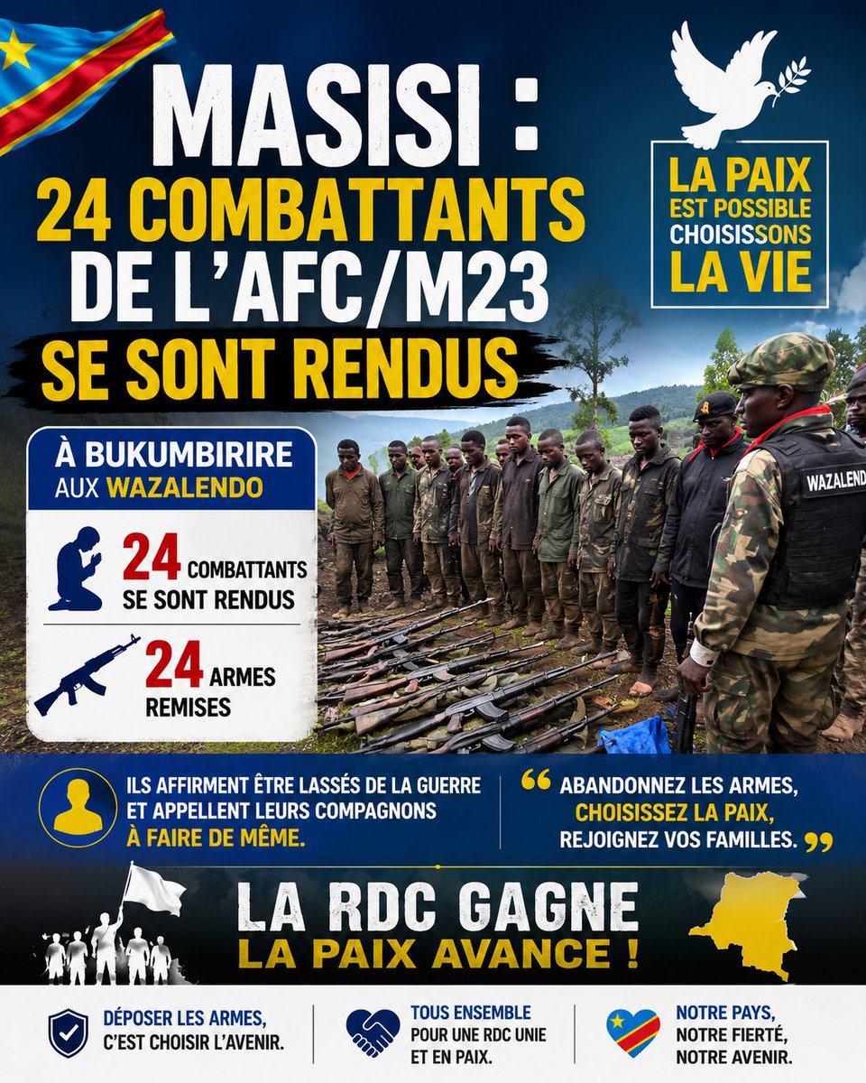 JeanFilsD4's tweet photo. 🇨🇩 #Masisi : 24 combattants de l'AFC/M23 déposent les armes.

Selon les informations disponibles, 24 combattants de l'AFC/M23 se sont rendus aux Wazalendo à Bukumbirire avec 24 armes, affirmant être fatigués de la guerre. Ils ont également lancé un appel à leurs compagnons pour qu'ils abandonnent les armes et choisissent la voie de la paix.

Ce geste montre qu'il existe une alternative à la violence. Ceux qui comprennent que cette guerre ne profite ni aux populations ni à la RDC peuvent encore faire le choix de déposer les armes et de rejoindre le processus de paix.

Chaque reddition est une vie sauvée et un pas de plus vers la restauration de l'autorité de l'État sur l'ensemble du territoire national.

🇨🇩 Que d'autres suivent cet exemple et disent non à une guerre qui n'a que trop duré.
#RDC #Masisi #Wazalendo #Paix