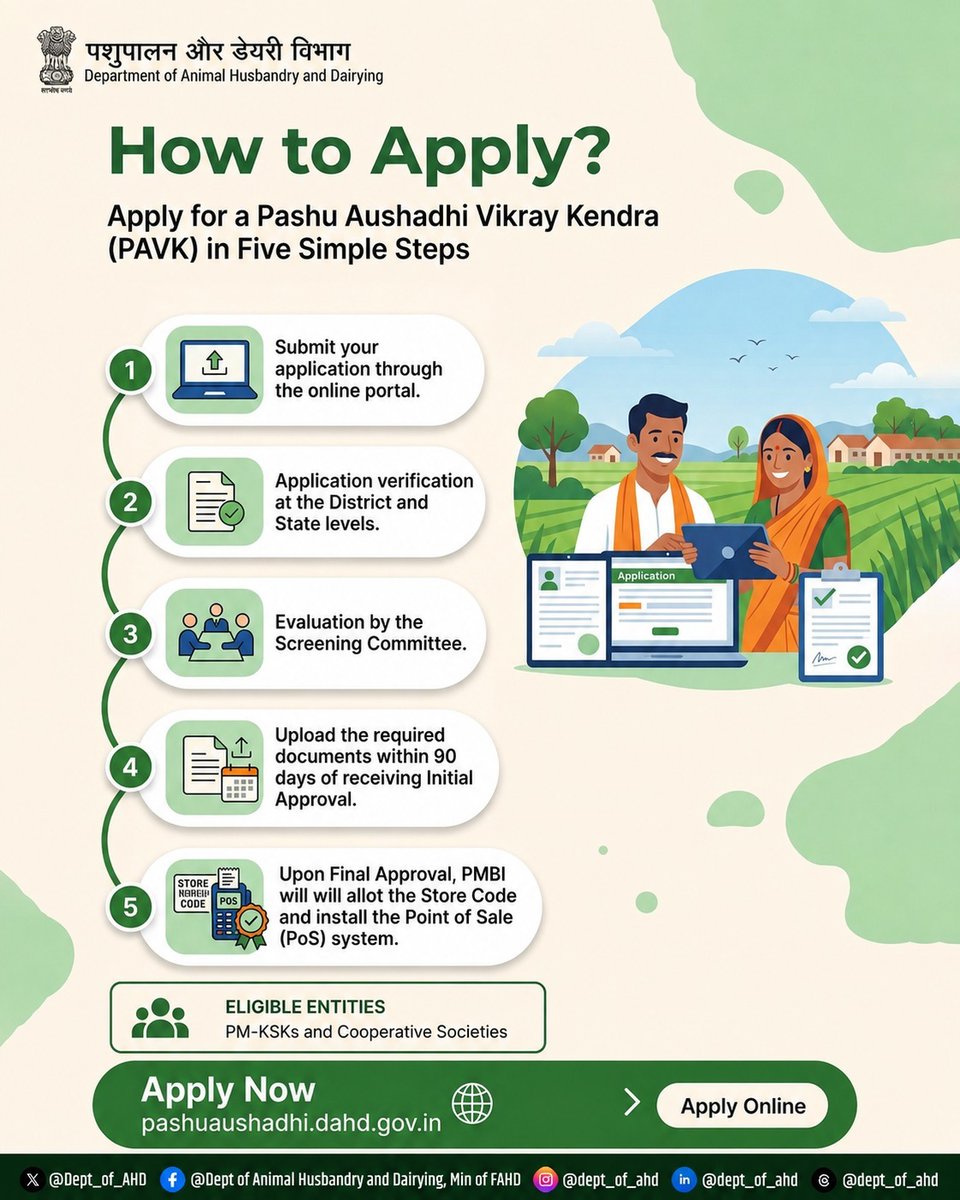 Dept_of_AHD's tweet photo. Interested in establishing a Pashu Aushadhi Vikray Kendra (PAVK)

Eligible PM-KSKs and Cooperative Societies can apply online through a simple, transparent, and streamlined process to strengthen access to affordable veterinary medicines and quality animal healthcare.

Apply now: https://t.co/IM0hODDaKg

#PashuAushadhiVikrayKendra #PAVK #AnimalHealth #VeterinaryCare #Cooperatives #PMKSK #AnimalHusbandry #DAHD