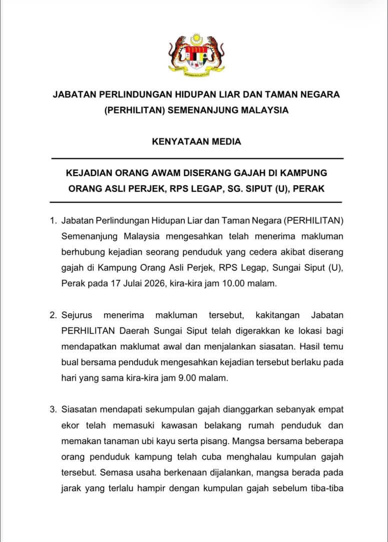 PERHILITAN's tweet photo. KENYATAAN MEDIA

KEJADIAN ORANG AWAM DISERANG GAJAH DI KAMPUNG ORANG ASLI PERJEK, RPS LEGAP, SG. SIPUT (U), PERAK https://t.co/irtMS3tWzd