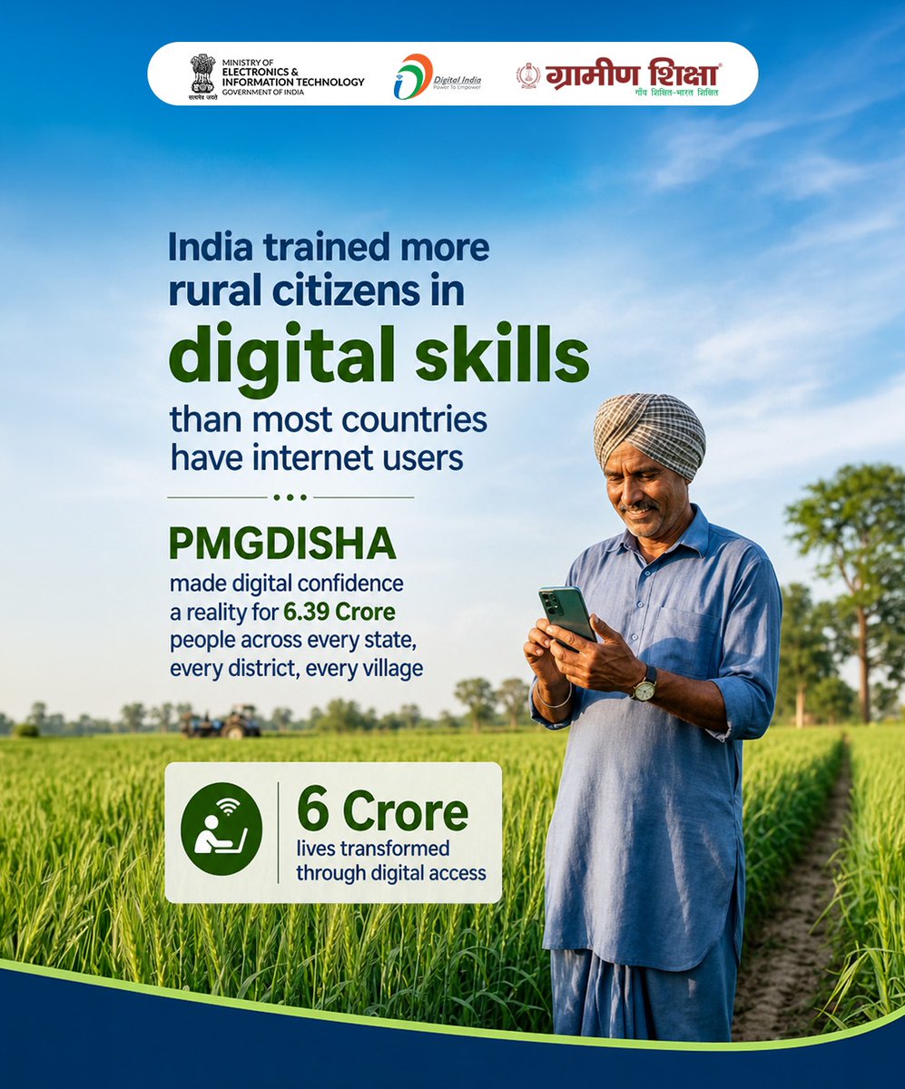 _DigitalIndia's tweet photo. PMGDISHA is bridging the digital divide by equipping rural citizens with the skills they need to thrive in a digital-first world. By fostering digital confidence across every state, district, and village, PMGDISHA is empowering the nation's grassroots.
#PMGDISHA #DigitalIndia https://t.co/4JJQBQDGDM