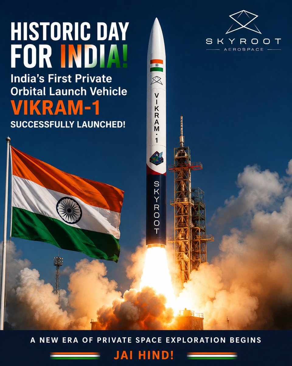 Panchabhai_Mali's tweet photo. 🚀🇮🇳 Today is a historic and proud moment for India! 🚀🇮🇳
#India's first private orbital launch vehicle "#Vikram_1" has been successfully launched into space. This remarkable achievement marks the beginning of a new era of private participation in India's space sector.
@SkyrootA https://t.co/ObZalF3bRe