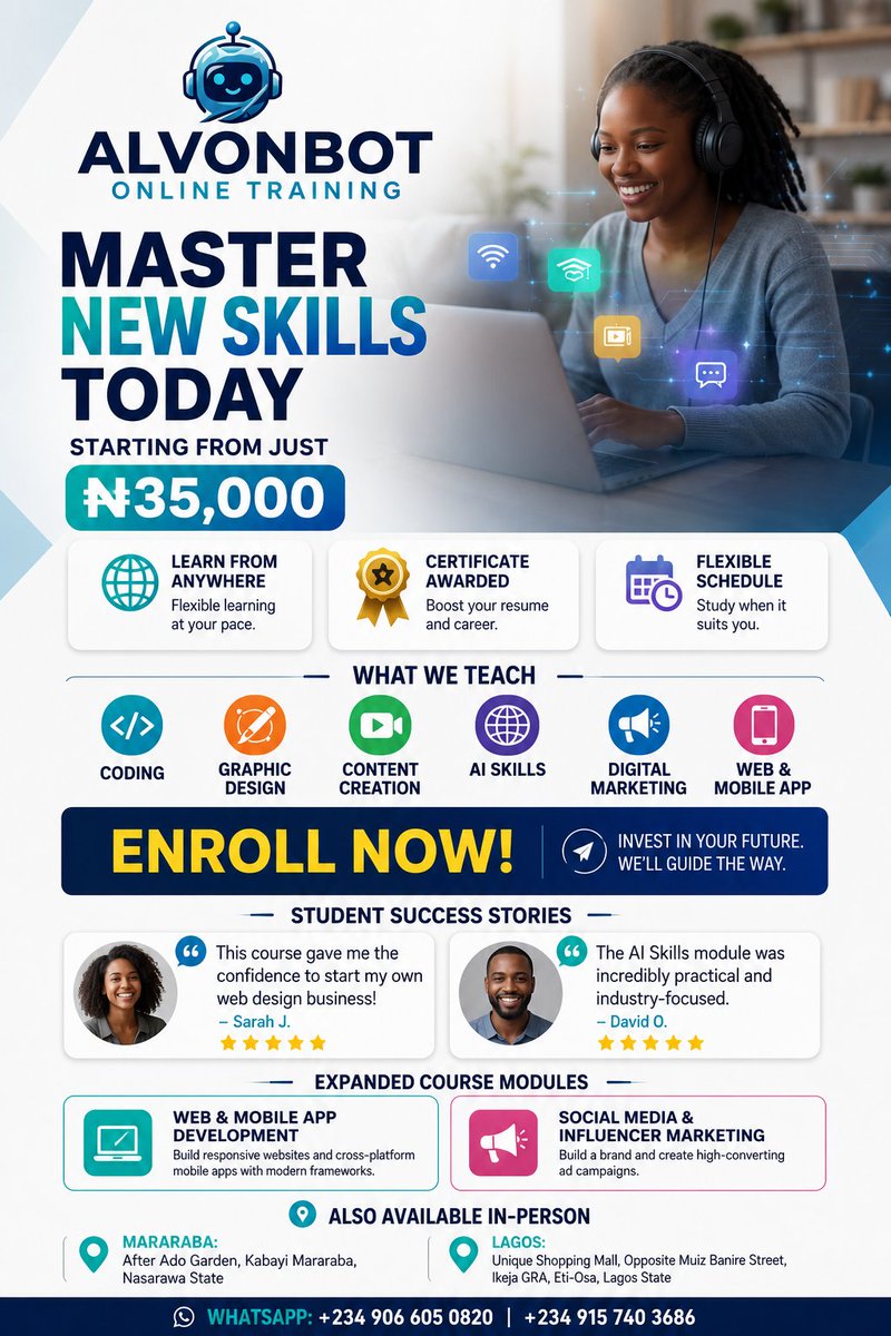 GideonOnwe4's tweet photo. **🚀 Acquire In-Demand Tech Skills from Anywhere in Nigeria!**

Tired of theory-only courses that don’t prepare you for real work?  

**Alvonbot Limited Tech Acquisition Program** is now **fully ONLINE** – practical, flexible, and result-oriented!

Whether you’re in Abuja, Lagos, or any part of Nigeria (or beyond), you can now **acquire real tech skills** from the comfort of your home.

What You’ll Master:
- 💻 Web & Mobile App Development (Laravel, Flutter/Dart)
- 🎨 Graphic Design & UI/UX
- 🤖 Artificial Intelligence
- 📱 Digital Marketing & Content Creation
- And many more…

**Perfect for Kids, Students, Professionals & Career Switchers**

Why Join Alvonbot Online?
- ✅ Live & Recorded classes for flexibility
- ✅ Hands-on practical projects & portfolio building
- ✅ Modern virtual lab environment
- ✅ Experienced industry instructors
- ✅ Post-training support & project opportunities
- ✅ Physical centers also available in Mararaba/Karu (Nasarawa) & Ikeja GRA (Lagos) for those who prefer offline

**Special Launch Offer** – Limited slots!  
Early registrants enjoy discounted fees + premium learning materials featuring our signature Robot Head branding.

Stop waiting. Start building your tech future today!

**Secure your spot now!**

📞 Call or WhatsApp: **+234 906 605 0820**  
🌐 Visit: https://t.co/ws7ghPEq0Z  
📩 DM us “TECH” to get started

**The future is online. Acquire the skills!**

#Alvonbot #TechAcquisition #OnlineTechTraining #LearnTechOnline #DigitalSkillsNigeria #WebDevelopment #AppDevelopment #AICourse #FlutterDevelopment #CareerGrowth #SkillUpNigeria