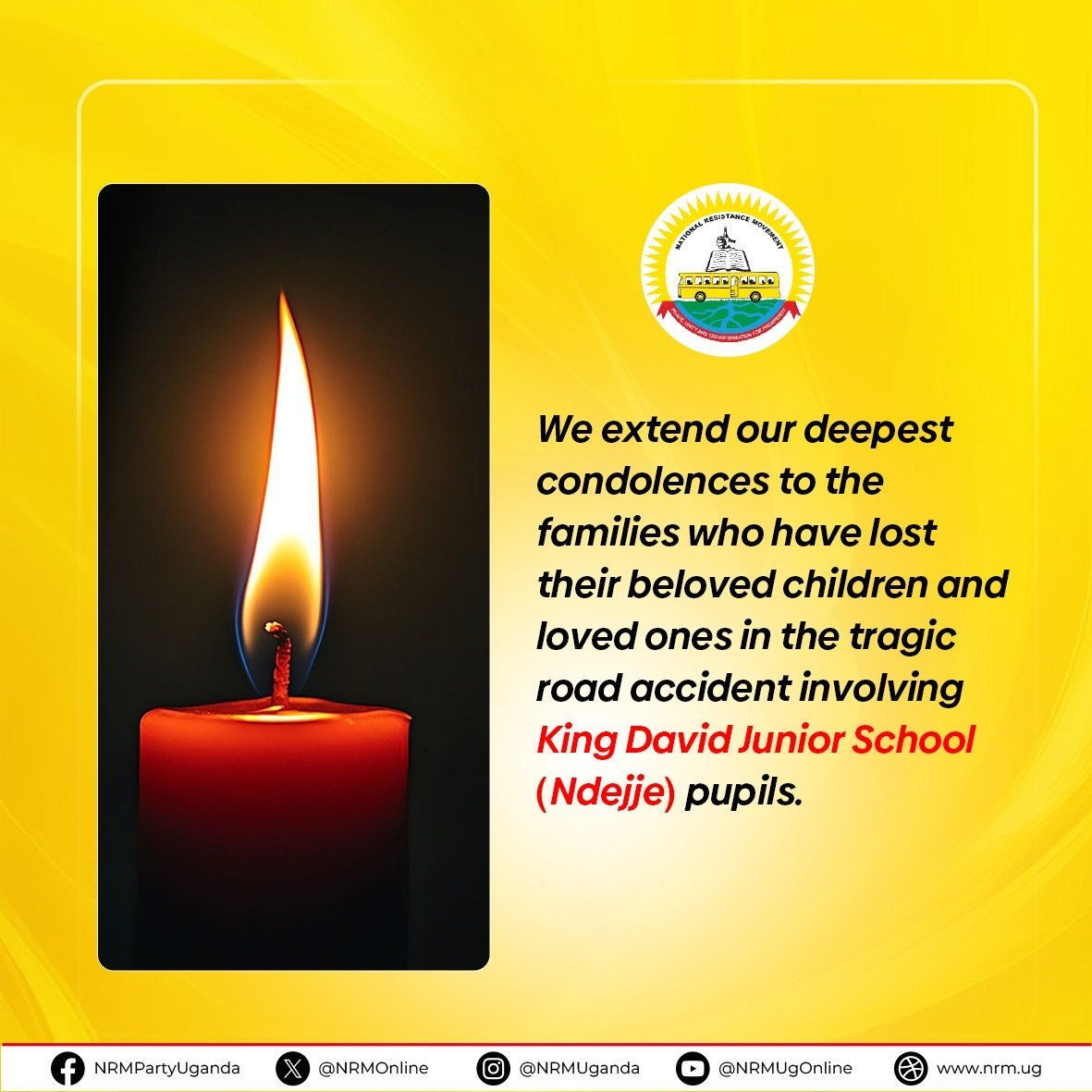 KNsamuye's tweet photo. NRM joins all Ugandans in mourning the innocent lives lost in the tragic road accident involving pupils of King David Junior School in Kapchorwa District.

We pray that God grants eternal rest to those who have departed, strengthens the families  🙏 

: https://t.co/PfMFZbNNSz… https://t.co/1ofKfhpI0J
